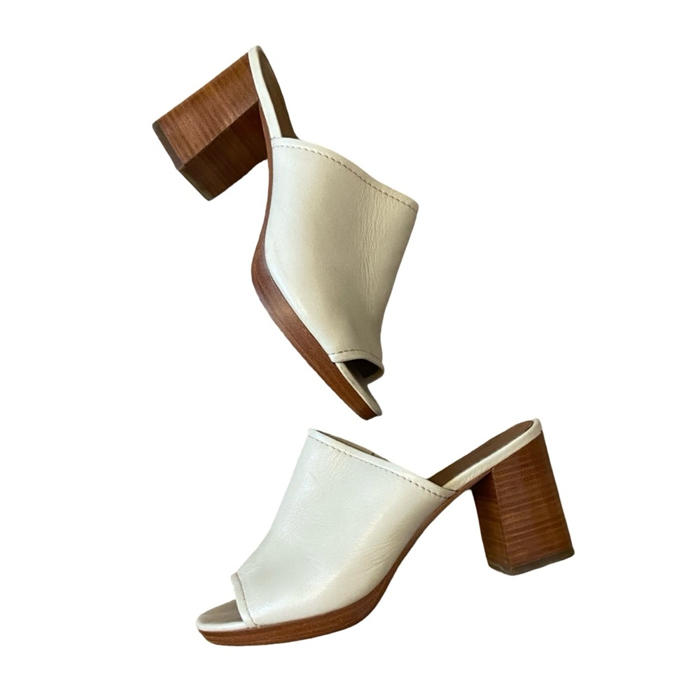 Frye | Beige Leather Mules with Stacked Block Heel